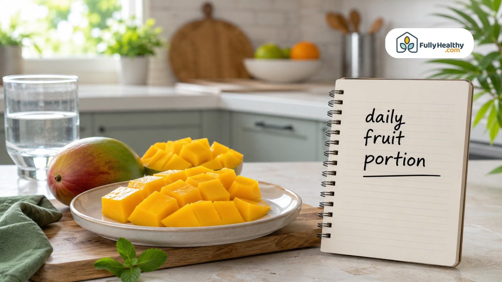 Mango cubes on plate beside notebook labeled daily fruit portion