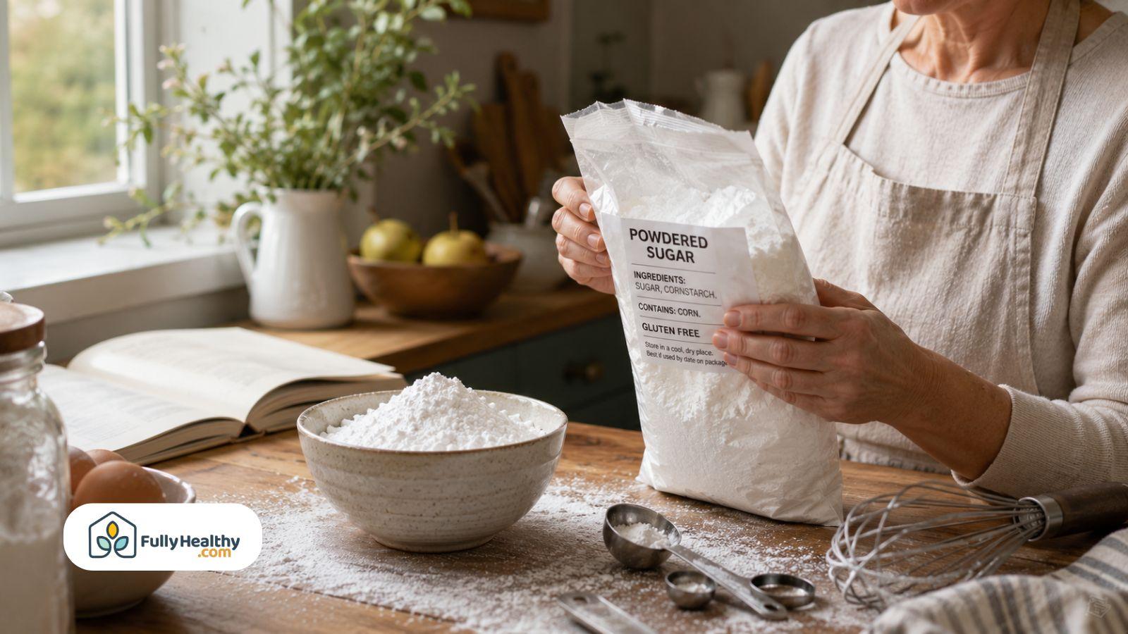 Baker checks powdered sugar package ingredients in a bright kitchen