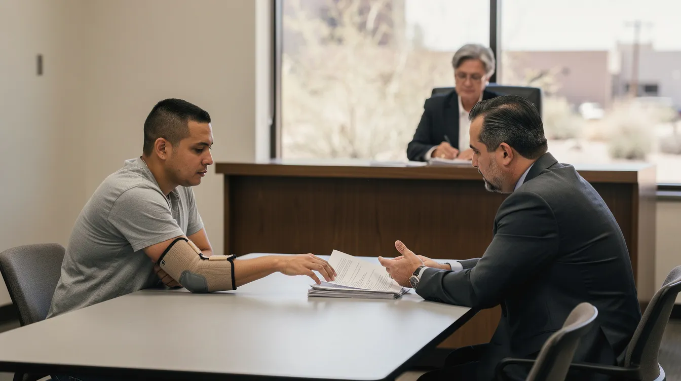 An ultra-realistic image depicts a workers' compensation hearing in Phoenix, Arizona, featuring an administrative law judge reviewing documents at the bench while an injured worker and their attorney present their case at a table. The worker, wearing a subtle arm brace, indicates a workplace injury, as the attorney points to evidence, all set in a modern, neutral-toned hearing room with natural light filtering through large windows.