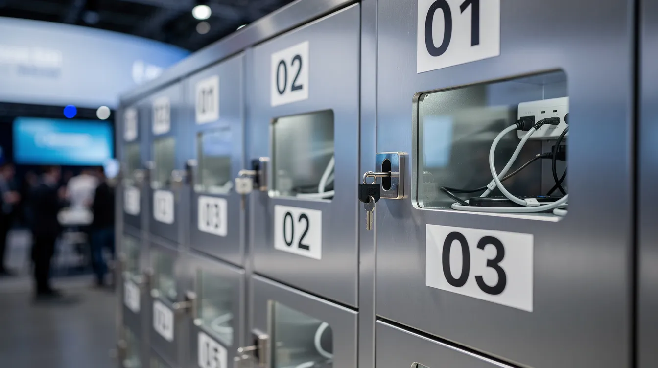 The image shows a close-up of a secure phone charging locker featuring individual numbered bays, designed for modern venues. This locker style charging station offers reliable charging solutions for attendees at events, allowing them to charge multiple devices while staying connected.