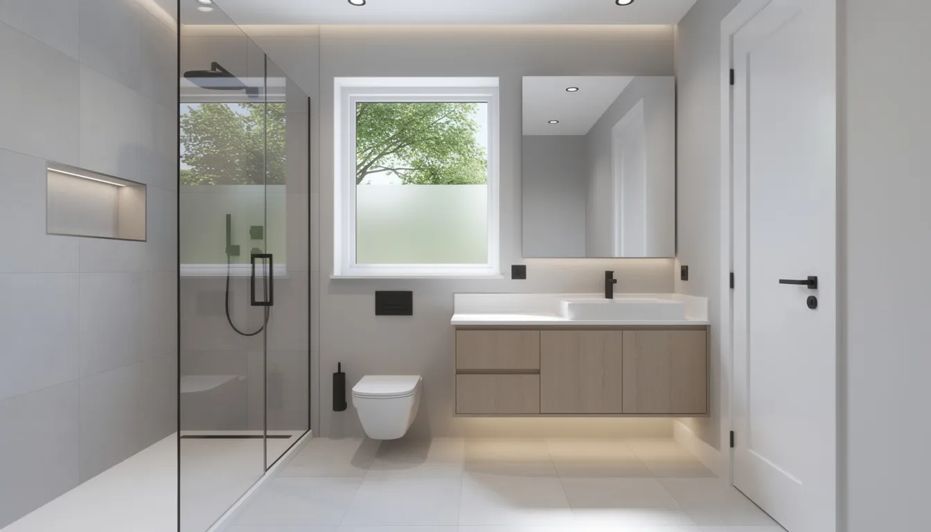 The image depicts a beautifully renovated bathroom that has been carefully designed around existing window and door locations, allowing for optimal natural light and flow. The modern layout features warm tones, natural materials, and stylish light fixtures, creating a functional yet inviting space that showcases how effective planning can make a significant difference in home renovations.