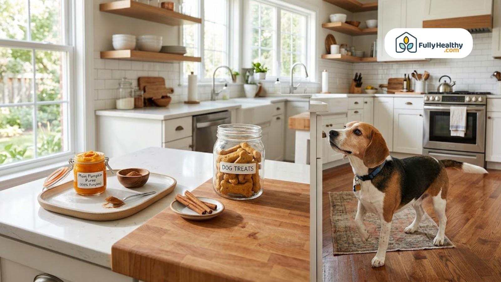 Homemade dog treats with pumpkin puree ingredients and curious beagle nearby