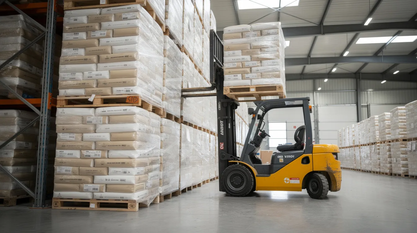 The image depicts a modern warehouse filled with stacked bags of processed grain products, including roasted chana flour, while a forklift is maneuvering through the aisles. This setting reflects the operational efficiency and quality control involved in the production and packaging of essential plant-based foods, catering to the growing demand for nutritious options like sattu and other widely consumed products.