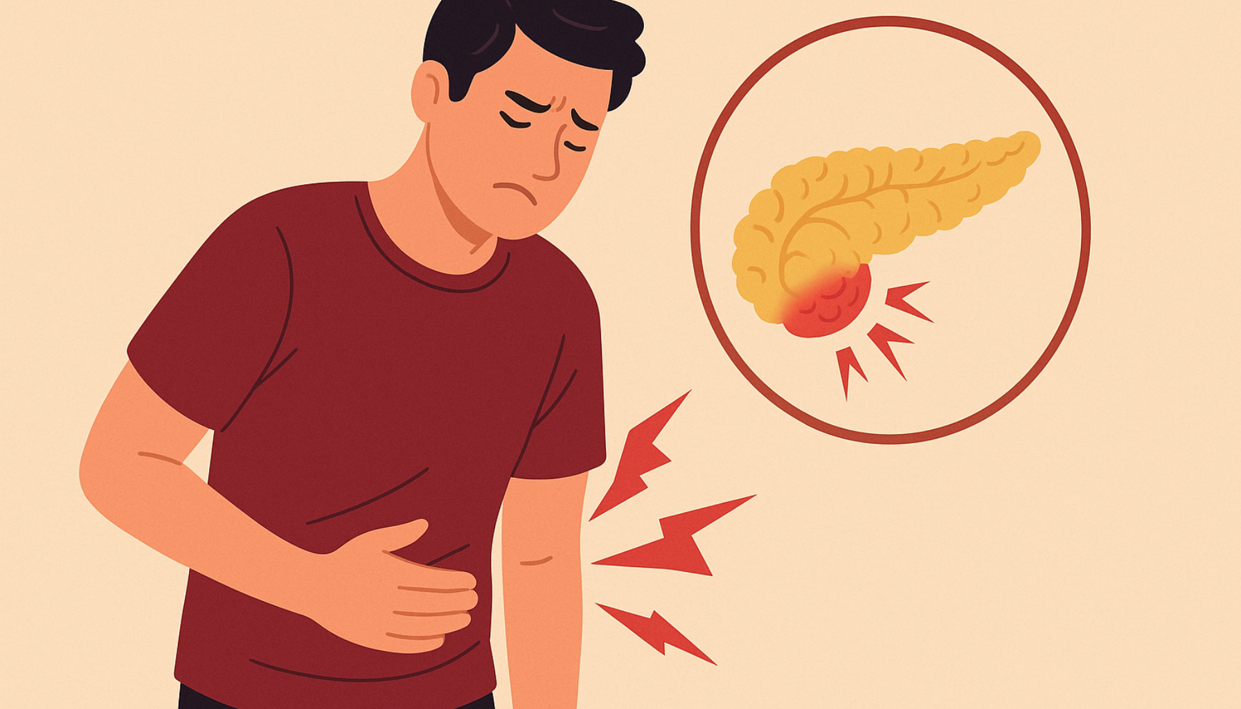 En mann holder magen med smertefullt uttrykk, mens en illustrasjon av en betent bukspyttkjertel viser tegn på pankreatitt.