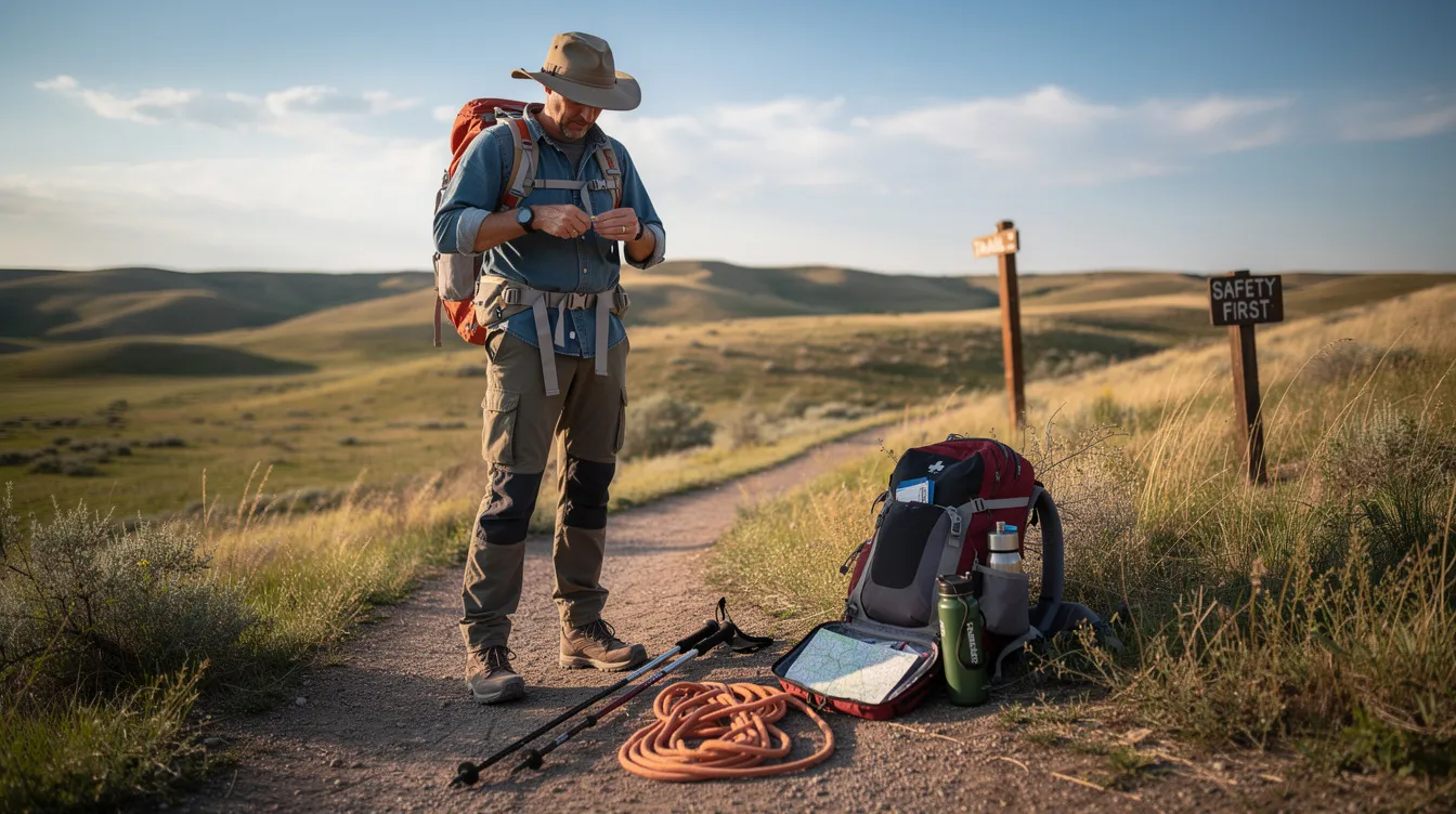 A person is safely handling outdoor gear near a rural trail in South Dakota, showcasing the state's beautiful natural landscape. The image highlights the importance of responsible outdoor activities in relation to South Dakota's gun laws, especially for concealed carry permit holders.