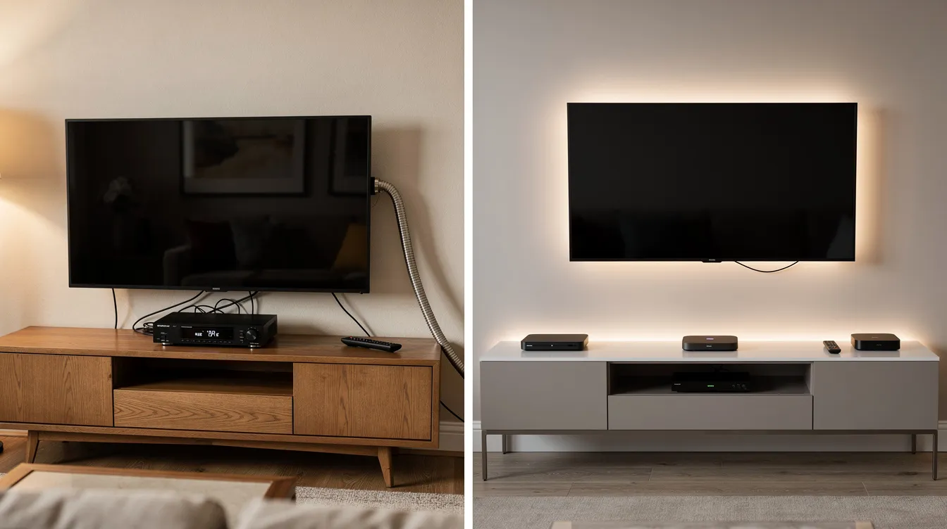 The image shows a split-screen comparison between traditional cable TV and modern IPTV streaming in a realistic American home setting. On one side, a cable box and coaxial cable represent the old system, while the other side features a smart TV and various streaming devices, highlighting the benefits of IPTV subscriptions and the streaming experience.