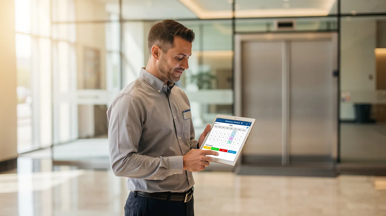 A facilities manager is standing in a modern commercial building lobby, reviewing maintenance schedules on a tablet. This scene highlights the importance of organized property maintenance services to ensure that urgent repairs and preventative maintenance are effectively managed.