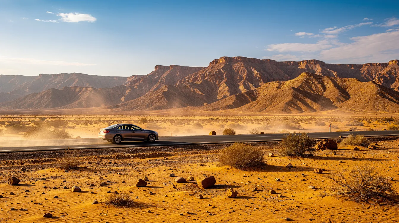 Un'auto attraversa una strada panoramica nel deserto marocchino, con imponenti montagne sullo sfondo. Questo paesaggio suggestivo è ideale per un viaggio in auto, perfetto per coloro che desiderano esplorare la bellezza del Marocco.