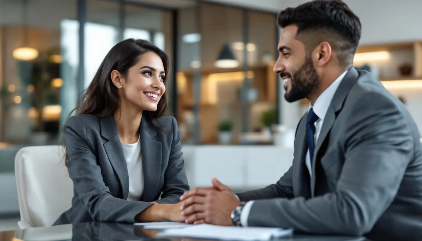 A satisfied client discussing compensation recovery with their attorney after a car accident.