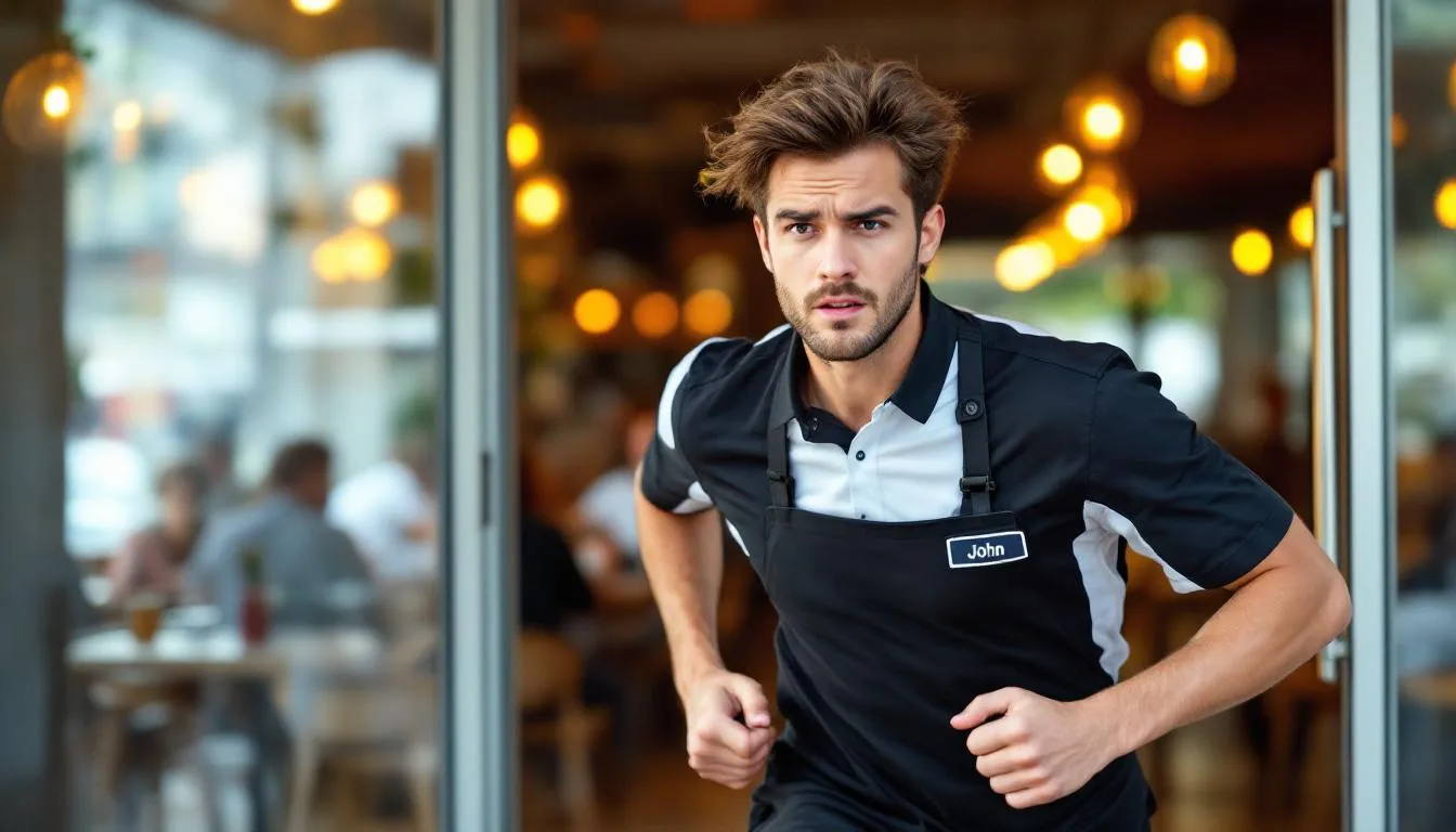 An employee is seen rushing towards the entrance of a restaurant, his face displaying tension as he approaches the time clock, aware that he must clock in before the scheduled working hours begin. The urgency reflects the importance of adhering to labor laws and the need to accurately track employee time to ensure compliance with federal regulations.