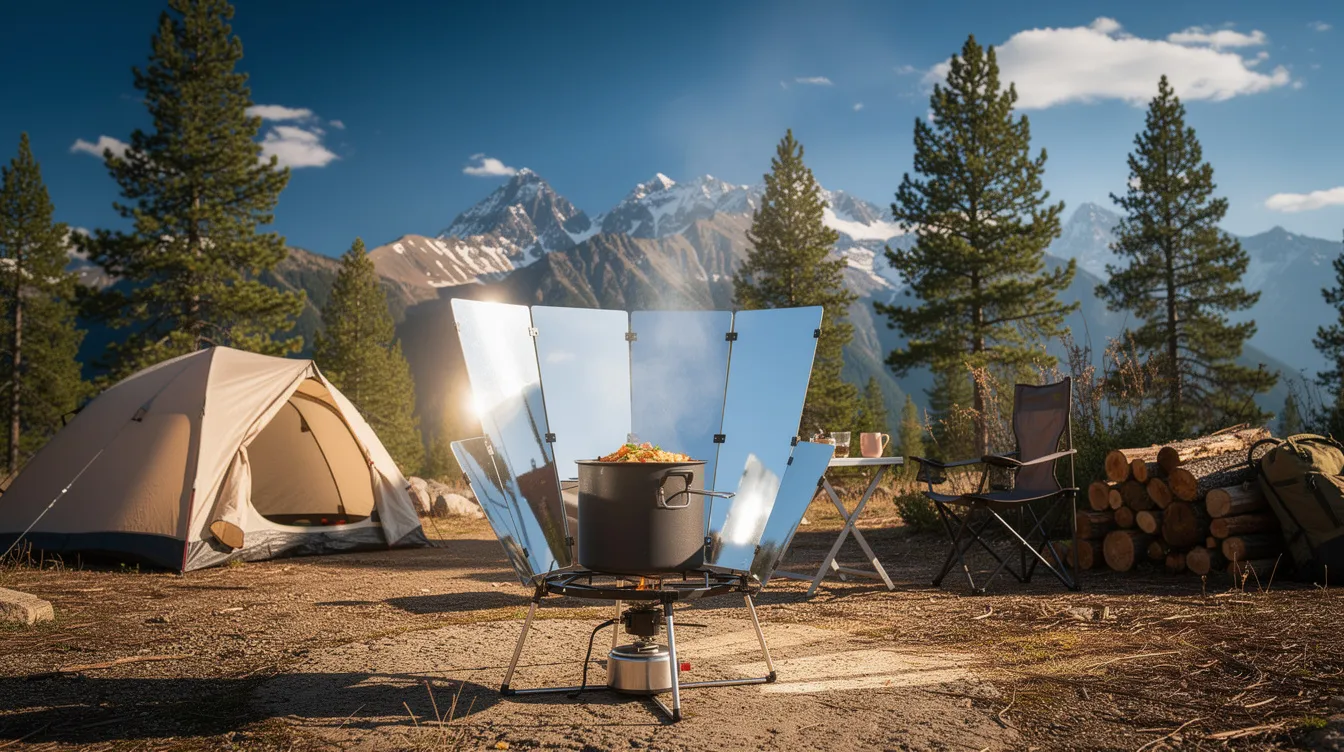 A solar cooker is set up at a sunny campsite, with majestic mountains in the background. A cooking pot filled with food is positioned inside the solar oven, utilizing the sun's rays to cook the meal.