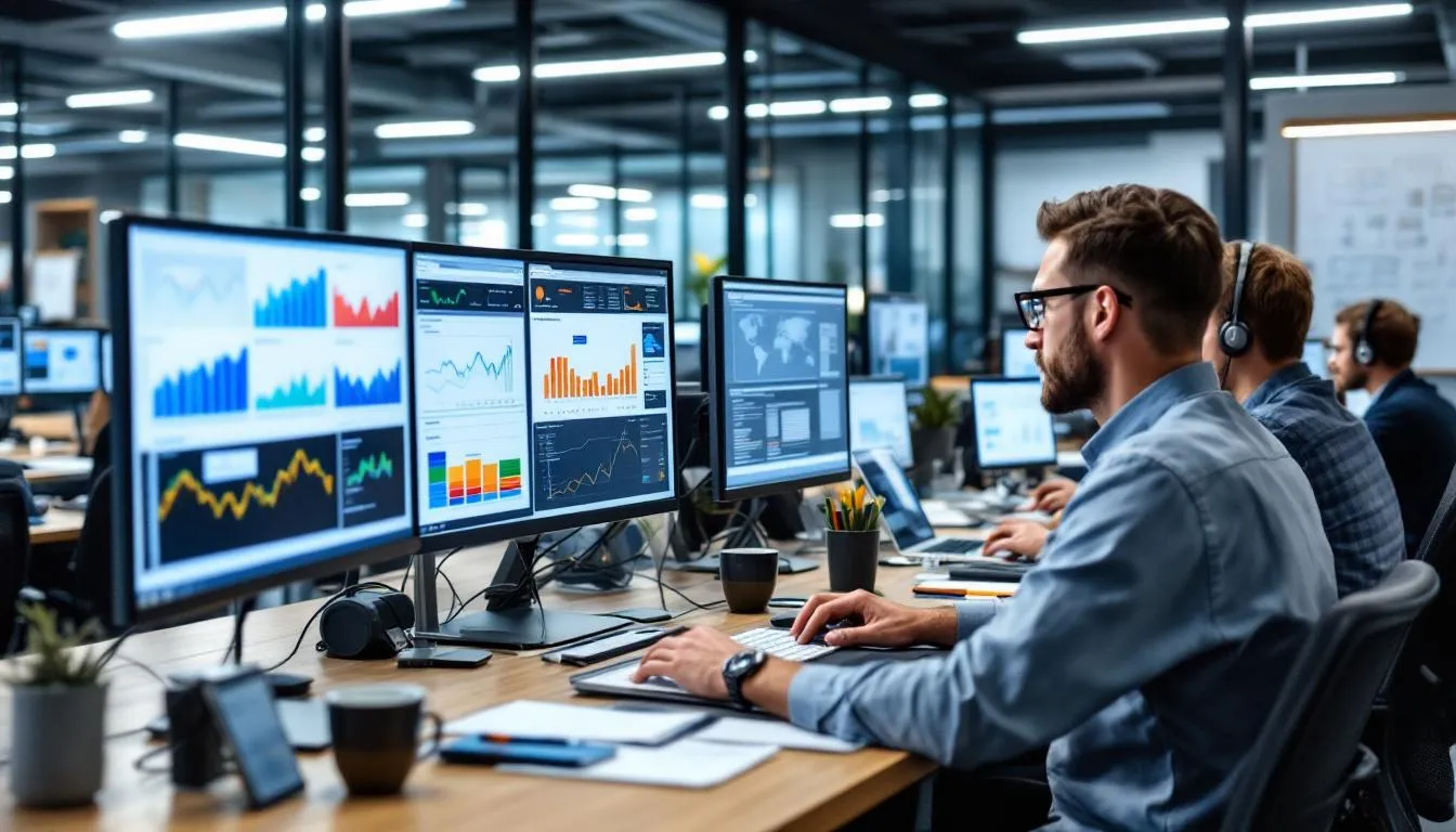 In the image, a team of data analysts collaborates at their workstations, each equipped with multiple monitors displaying various charts and analytics dashboards, emphasizing the importance of effective data management and data quality in their workflow. The scene reflects a dynamic environment where data scientists and engineers utilize metadata management tools to ensure accurate insights and improve data usability.