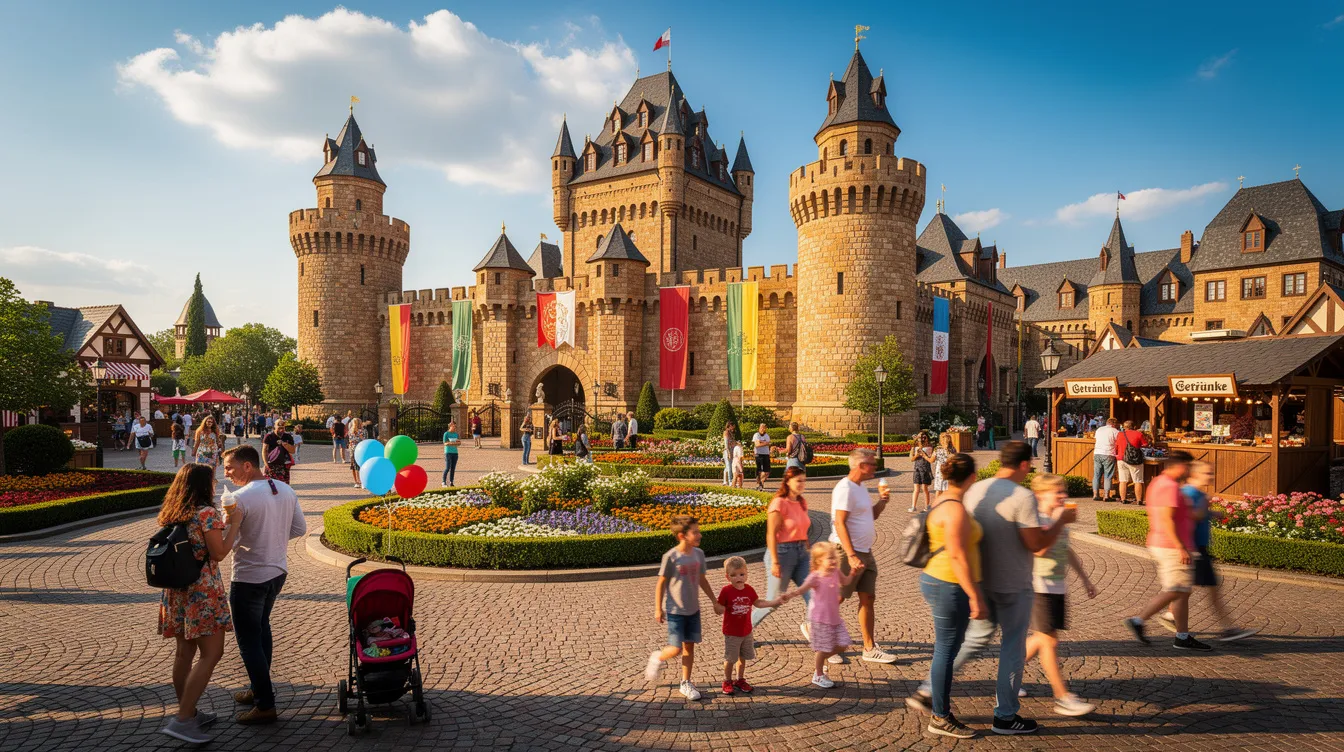 Ein Freizeitpark mit beeindruckender mittelalterlicher Schlossarchitektur ist voller fröhlicher Besucher, die die Atmosphäre genießen. Die Szenerie erinnert an die magische Welt der Harry Potter Bücher, die von der Bestsellerautorin J.K. Rowling erschaffen wurde.