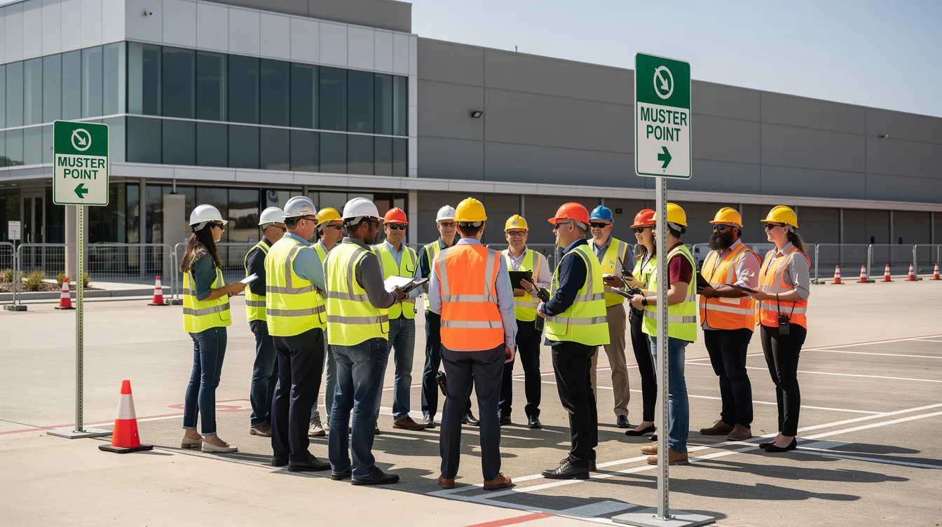 Construction workers gathered at an outdoor muster point near a commercial building during an emergency preparedness exercise.