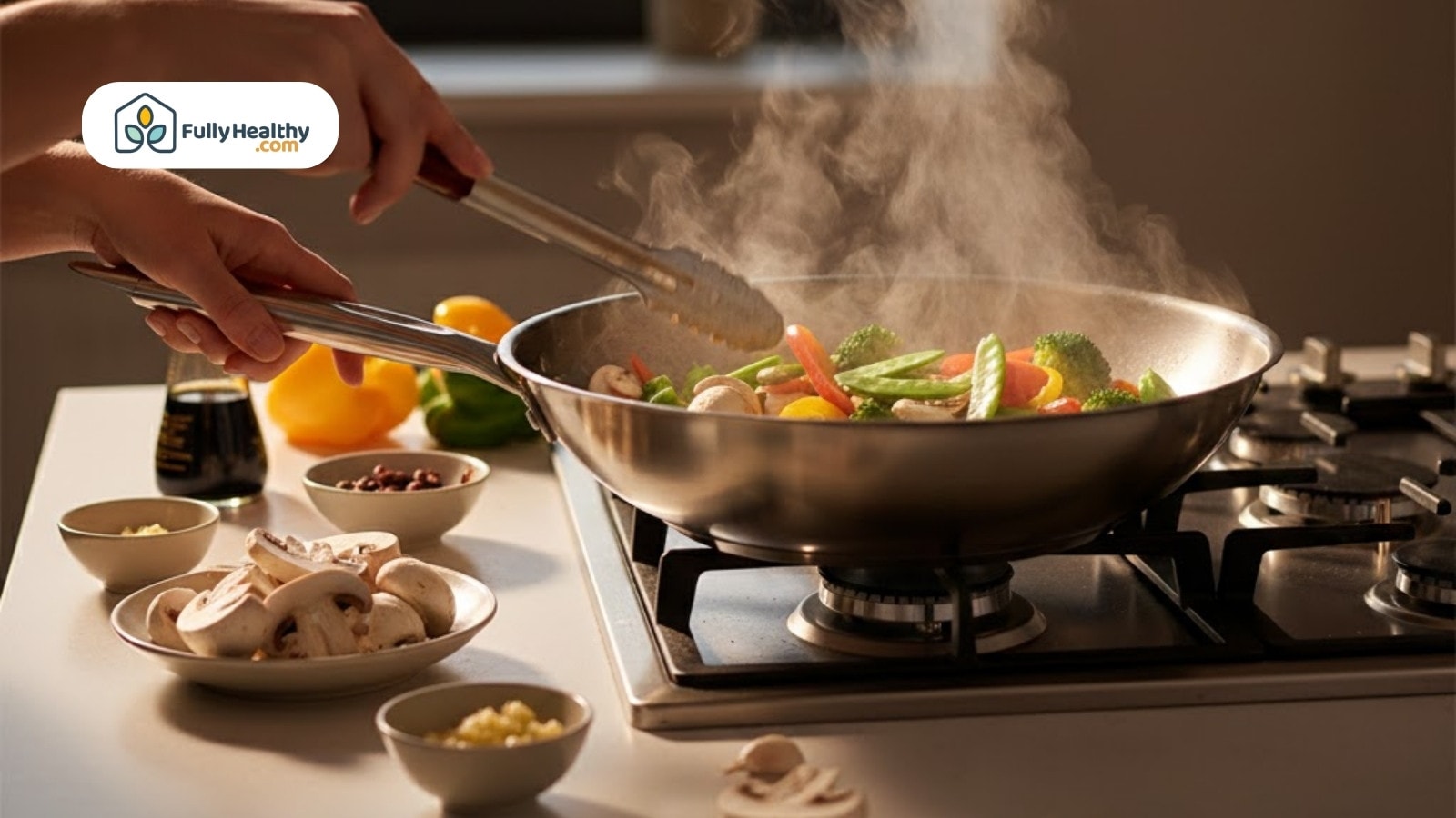 Stir fry vegetables including mushrooms cooking in pan with steam rising