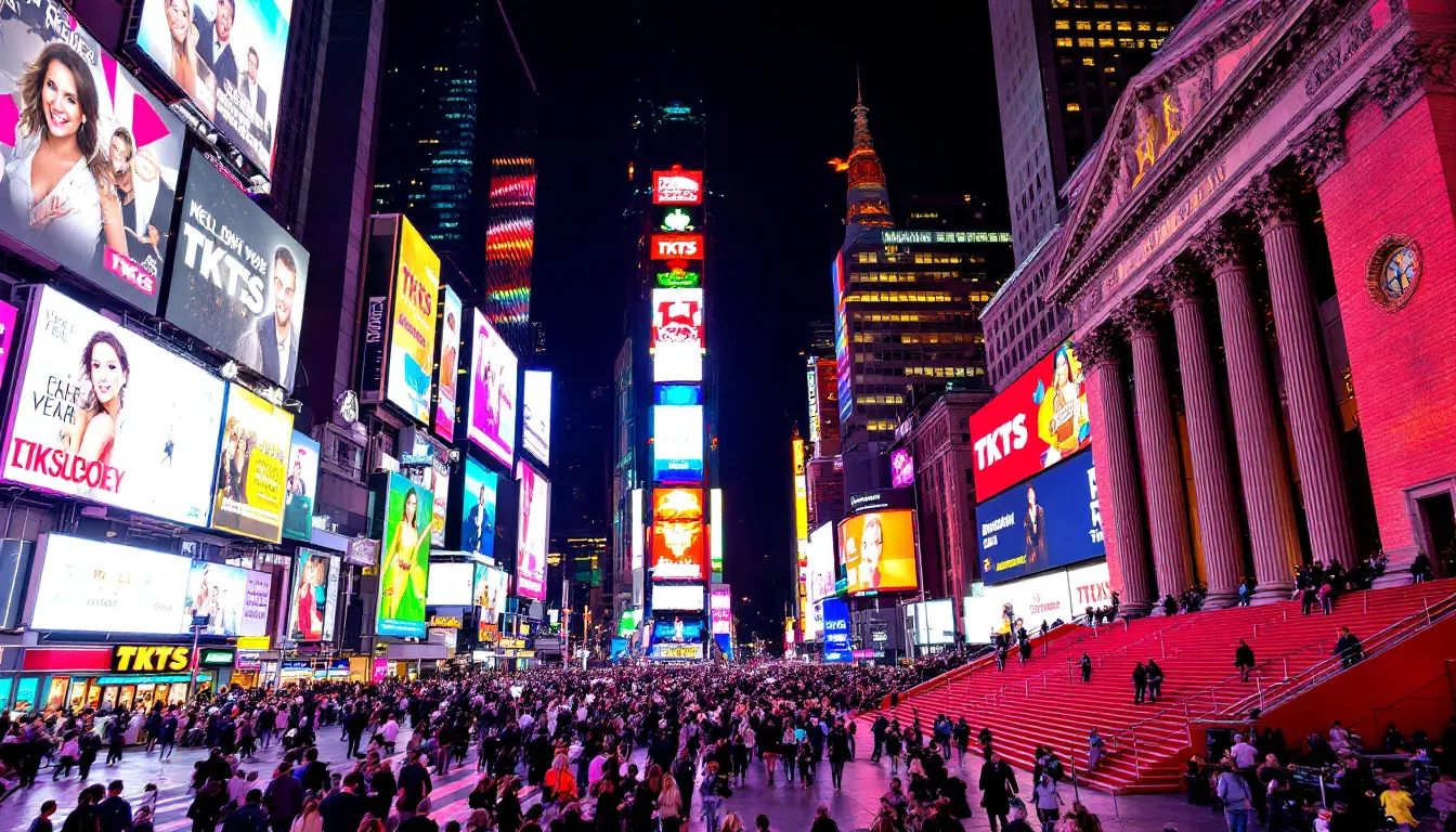 The vibrant atmosphere of Times Square, a central hub for Broadway shows and nightlife.