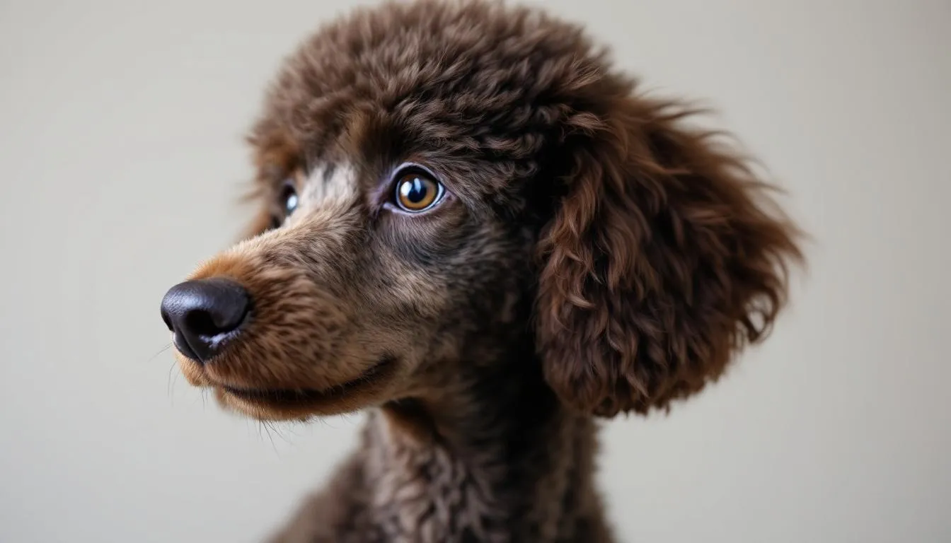 A close-up profile view of a properly proportioned standard poodle head showcases its ideal expression and distinct features, including a dense, harsh curly coat and dark amber eyes. The image highlights the poodle