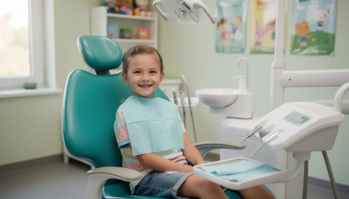 A smiling seven-year-old child is seated in a dental chair, surrounded by a friendly healthcare setting, highlighting the importance of early orthodontic evaluation for maintaining good oral health and preventing future dental problems. This inviting atmosphere underscores the benefits of early orthodontic treatment, ensuring proper alignment of the child's developing teeth and jaw.