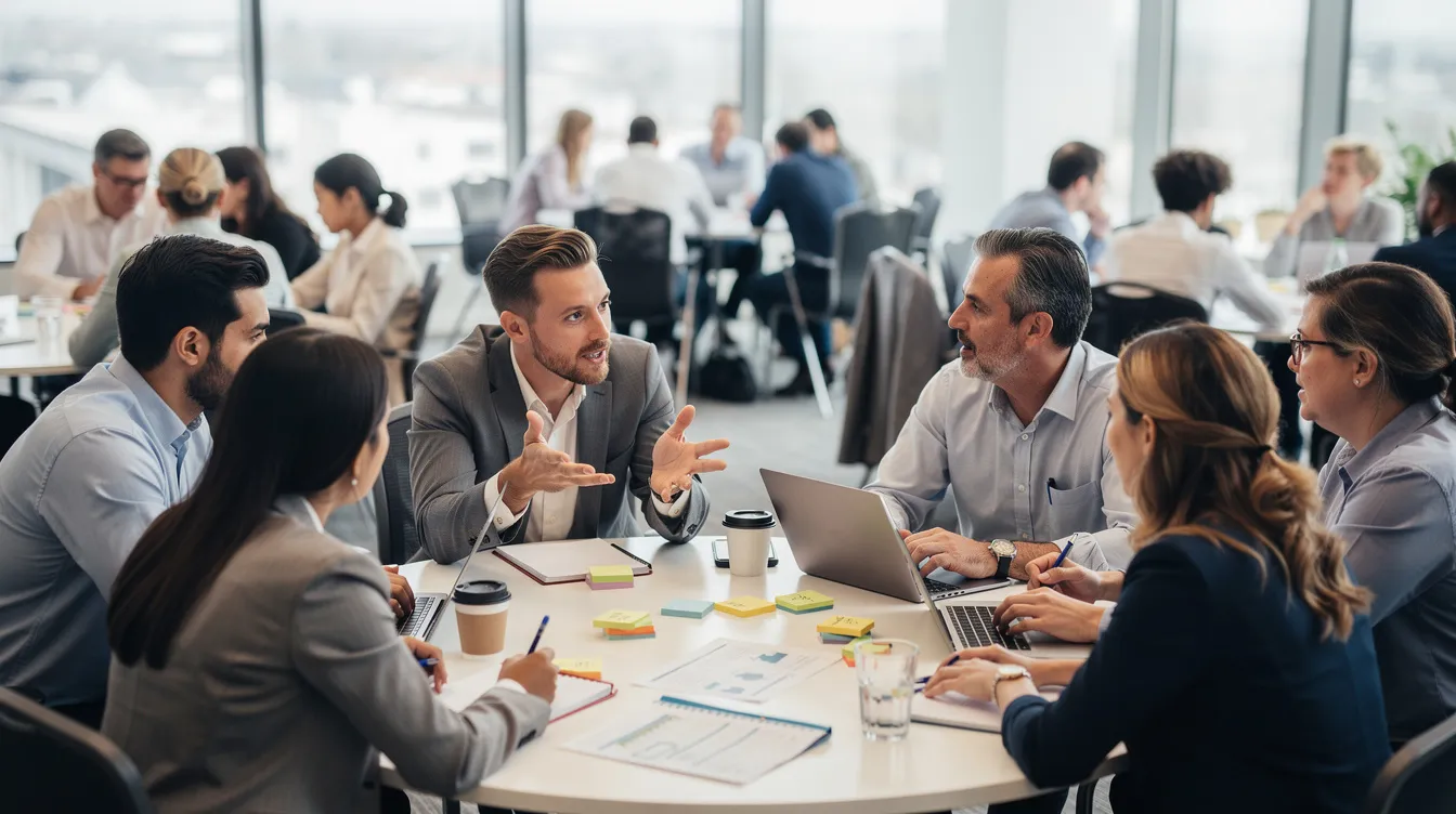 A diverse group of professionals, including leaders and employees, engages in a collaborative workshop discussion, focused on fostering psychological safety within their organization. They are sharing new ideas and perspectives, creating an environment where members feel comfortable taking risks and providing feedback to enhance their team's performance and innovation.