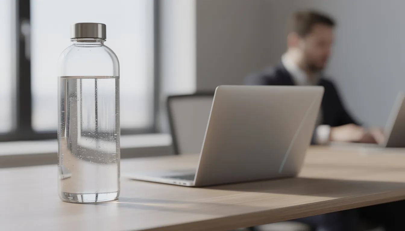 A reusable glass water bottle sits on a desk in an office setting, next to a laptop, with a professional working in the background. This glass water bottle promotes hydration habits and is an eco-friendly alternative, unlike plastic bottles, helping to reduce plastic waste.