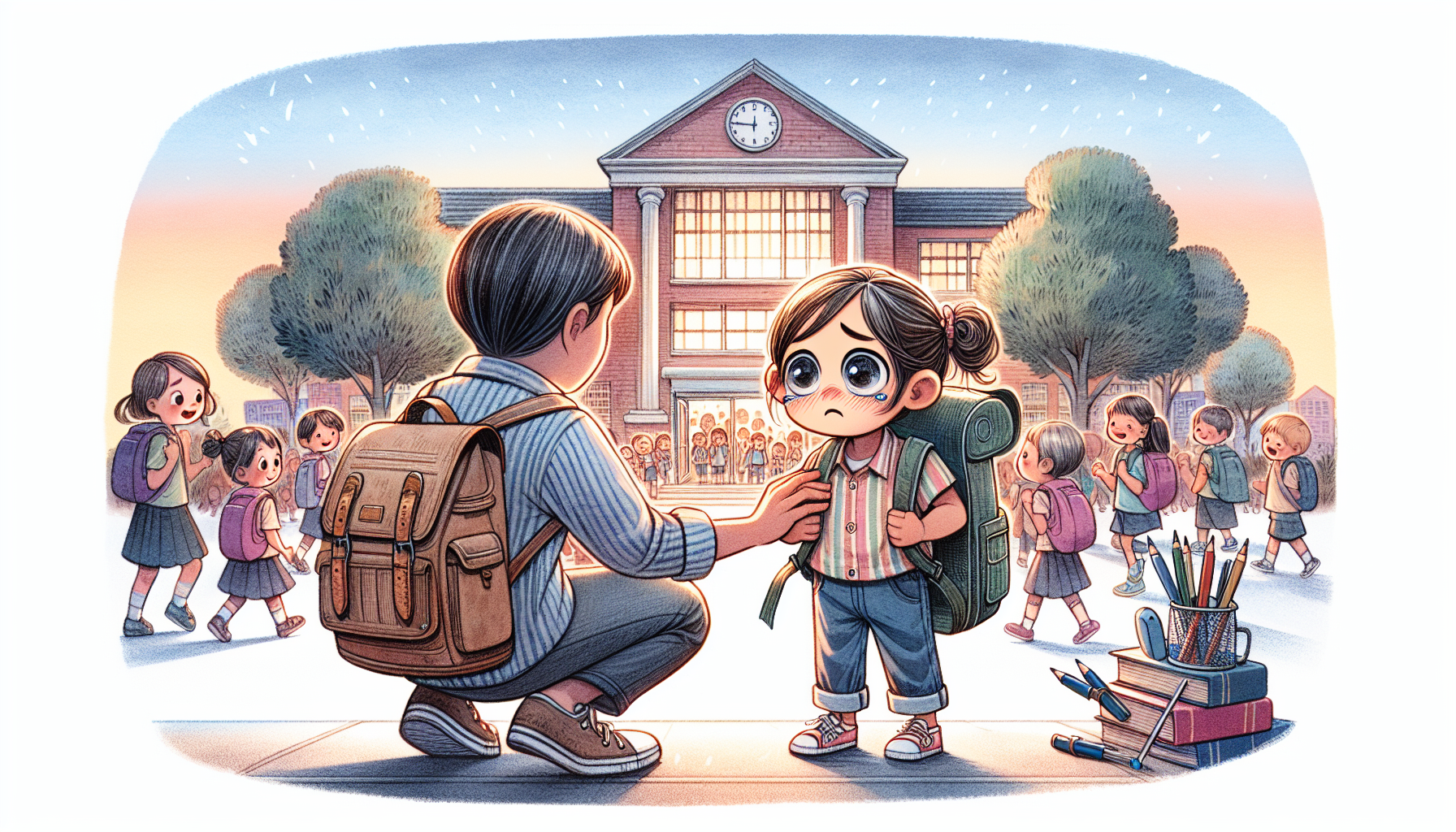 A child feeling nervous on the first day of school, with a supportive parent.