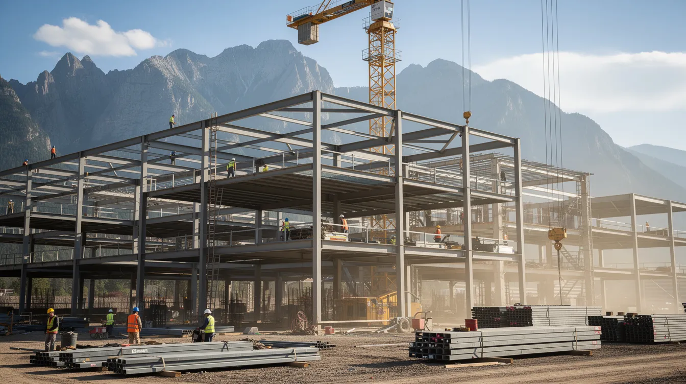 The image depicts a bustling large commercial construction site featuring a steel framework under construction, with workers wearing hard hats actively engaged in their tasks, set against a scenic mountain backdrop. This scene highlights the dynamic nature of the construction industry, where effective management and dispute resolution, such as construction arbitration, are essential for successful project completion.