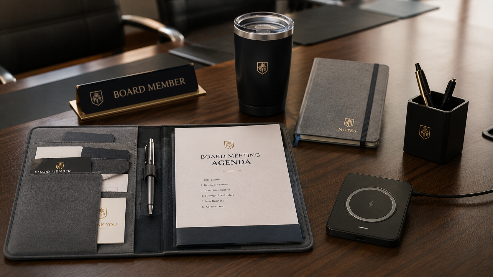 Board meeting gifts with a folio, notebook, tumbler, wireless charger, pen holder, and meeting agenda
