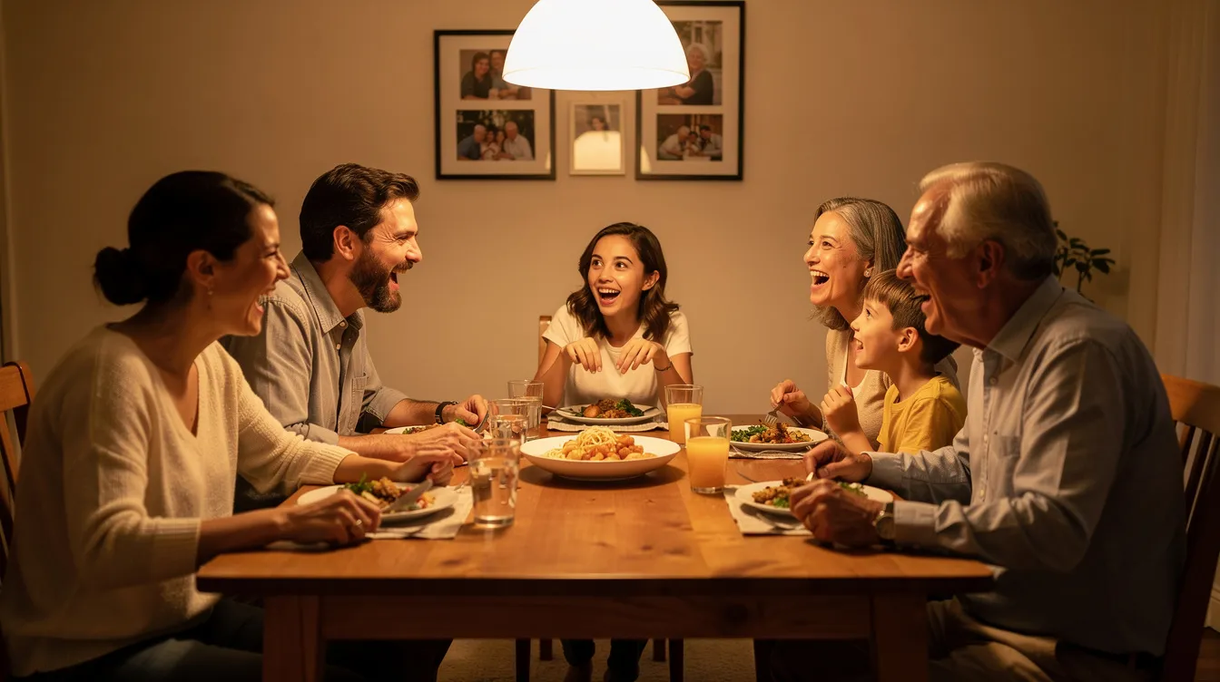 A joyful family is gathered around a dinner table, engaging in lively conversation and laughter, with no electronic devices in sight, highlighting the importance of screen-free times for strengthening social relationships and mental health. This scene contrasts with the addictive nature of screens, reminding us of the need to set reasonable limits on screen use.