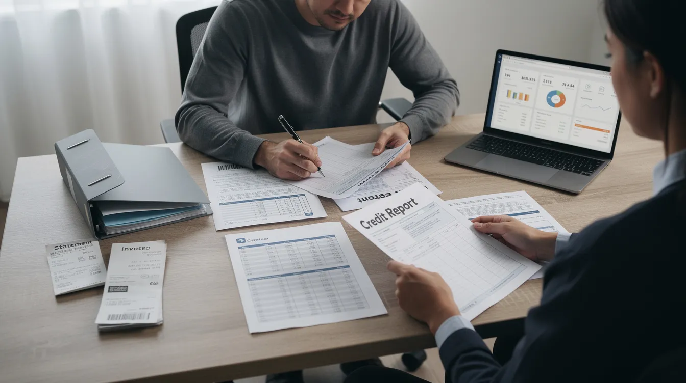 A person is seated at a desk, intently reviewing financial documents and credit reports on a laptop, surrounded by papers and a wallet. The scene suggests a focus on personal loans, interest rates, and loan applications, highlighting the importance of financial assessment during office hours.