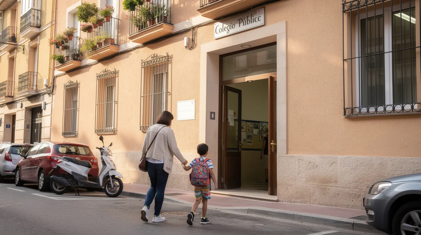 A parent and child are seen entering a public school building in a vibrant Spanish neighborhood, showcasing the community's commitment to education and public services. This image reflects the integration of families into Spain's social system, where access to public healthcare and education is essential for expats living in Spain.