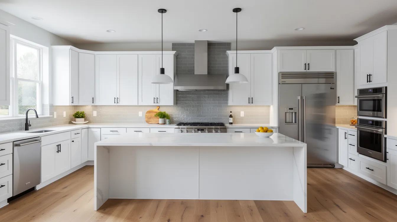 The image depicts a newly renovated modern kitchen featuring sleek white cabinets and shiny stainless steel appliances, creating a stylish and functional space ideal for real estate investing. This appealing design could attract potential buyers or renters, enhancing the property's value in the competitive market of investment properties.