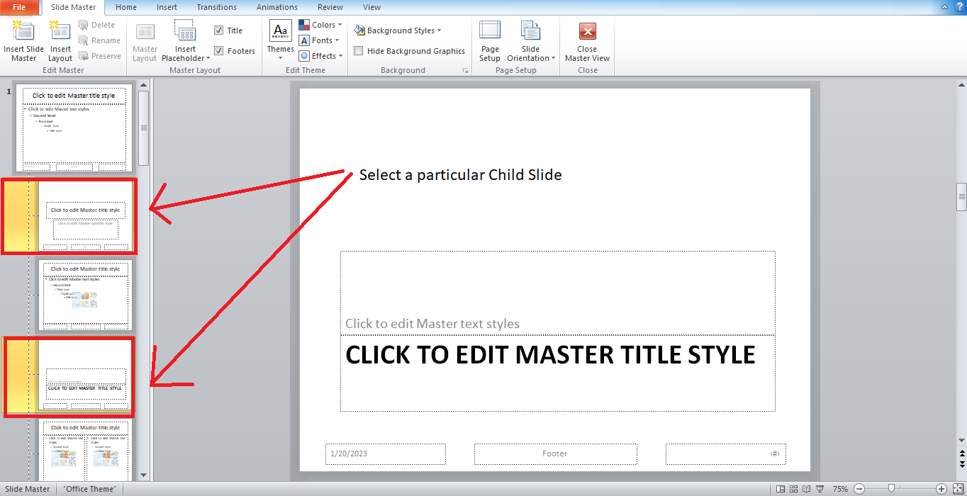 In your slide master view, select for the specific individual slides where you want to add watermark.
