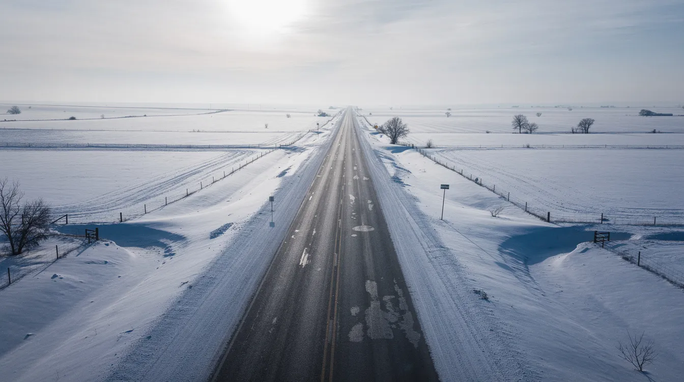 The image depicts a serene, snow-covered Nebraska landscape, where a highway stretches through vast white fields, embodying the tranquility of winter. This picturesque scene highlights the importance of reliable auto transport services, especially for those shipping vehicles across the state during the snowy season.