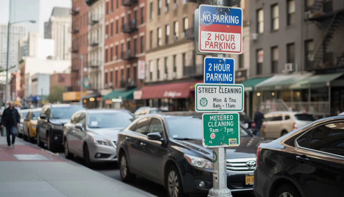 The image depicts a busy NYC street lined with parked vehicles, accompanied by multiple parking regulation signs mounted on a pole, providing essential information for drivers. The scene captures the essence of New York state driving, highlighting the importance of following parking rules in the city.