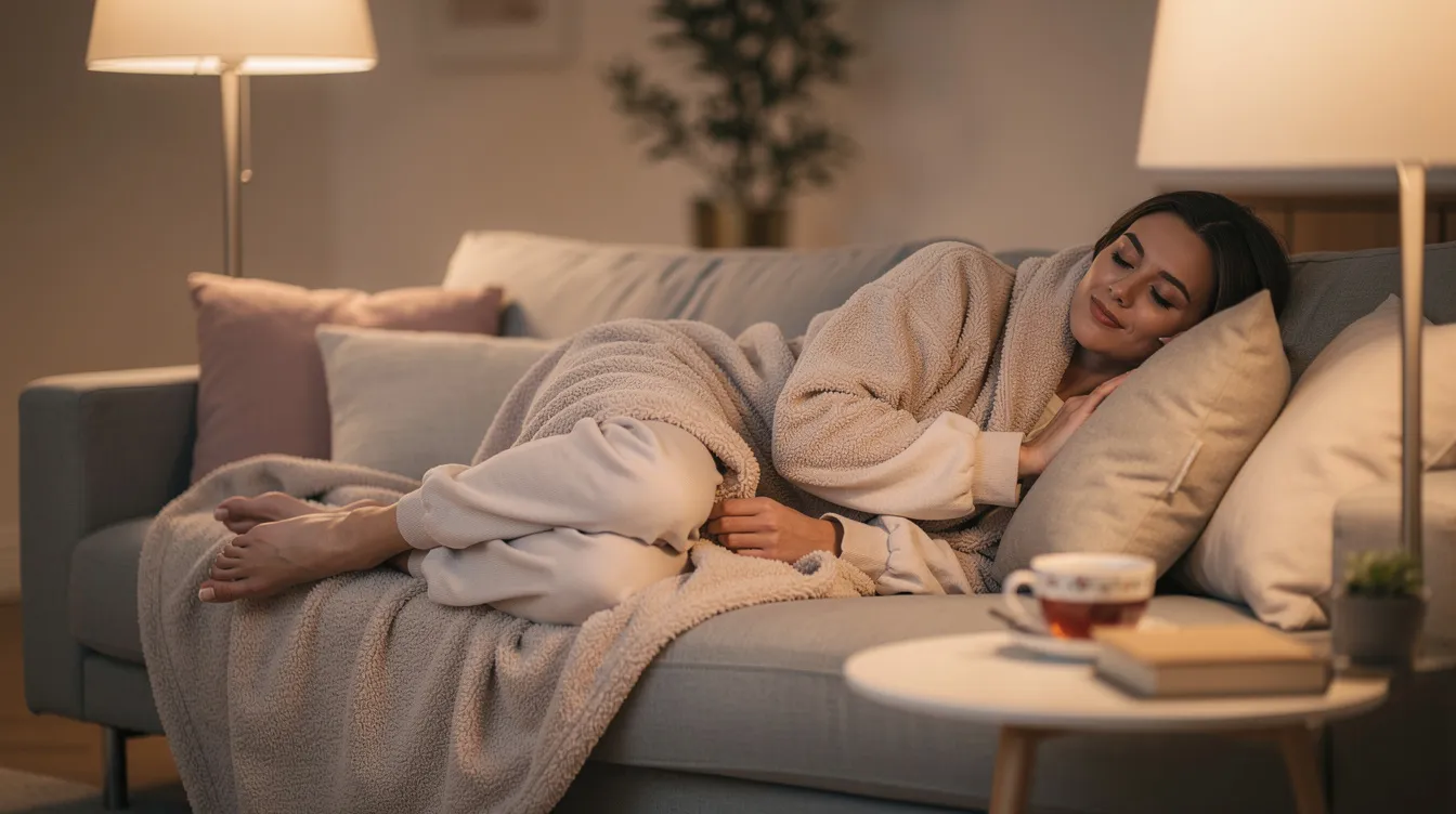 Una mujer descansa cómodamente en un sofá, vestida con ropa holgada y cubierta con una suave manta. Su expresión refleja tranquilidad, posiblemente en un período de recuperación después de una labioplastia, donde el reposo es fundamental para la cicatrización y el bienestar postoperatorio.
