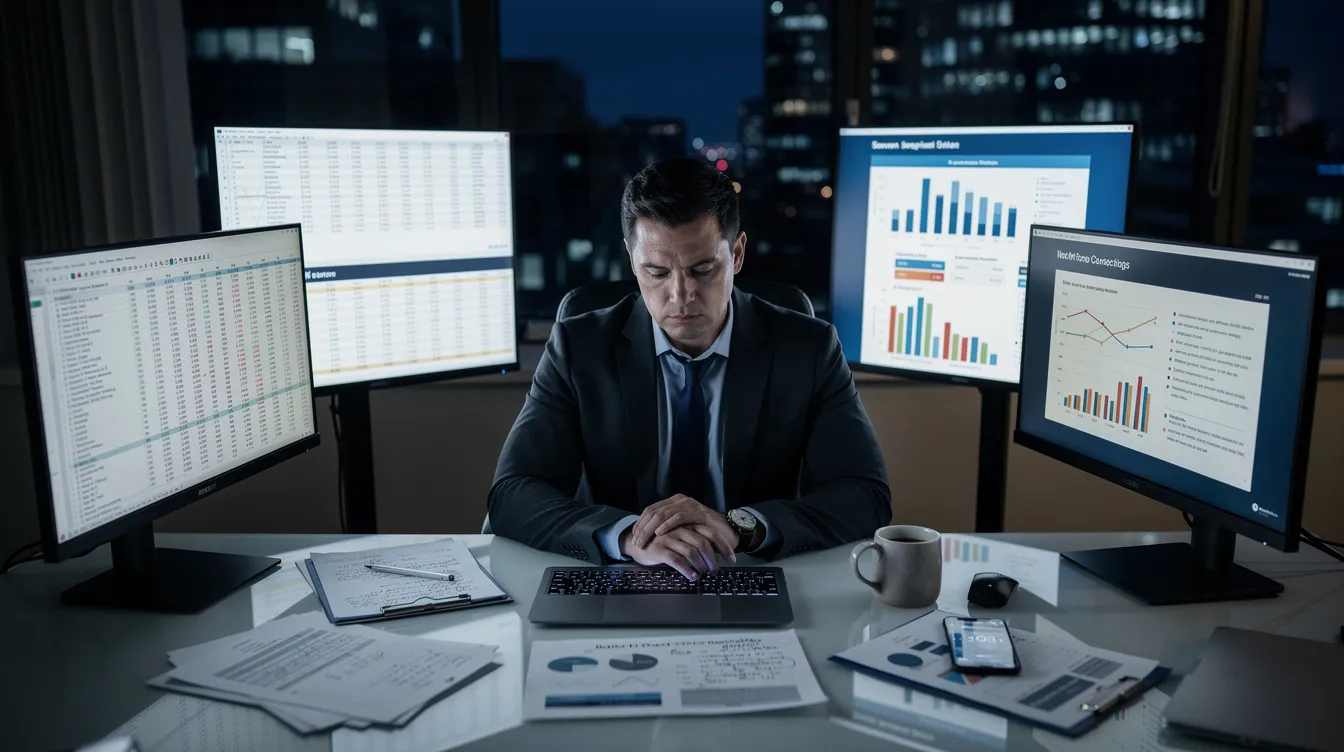 A business professional is working late at a desk, surrounded by multiple monitors displaying complex data visualizations, including spreadsheets, bar charts, and line charts, aimed at effectively presenting data and communicating important insights. The environment suggests a focus on clarity and proper data presentation to avoid common mistakes in data storytelling.
