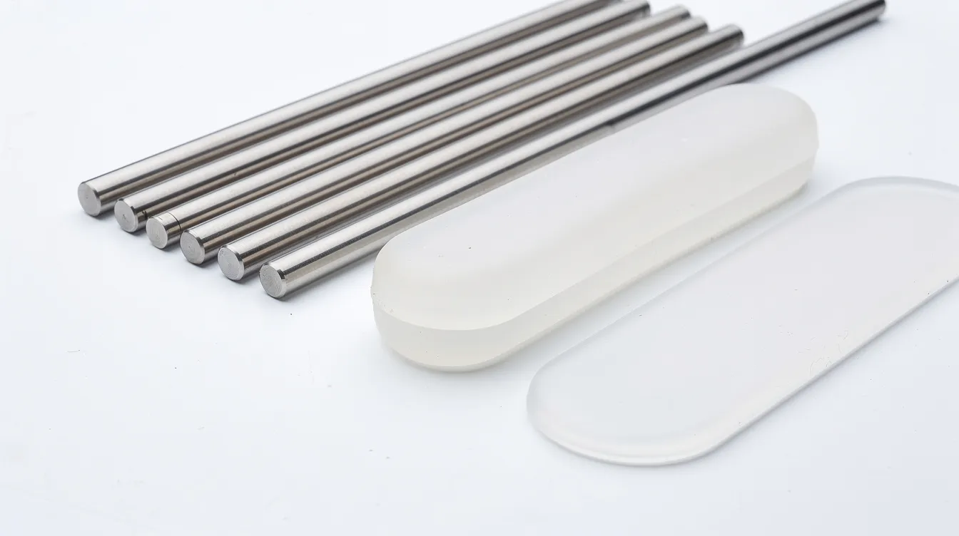 The image features a close-up view of medical-grade stainless steel rods alongside soft silicone padding components, all arranged neatly on a clean white surface, which are commonly used in penis extenders and traction devices aimed at penis enlargement. These components are designed to provide comfort and support during use, helping to safely achieve extra length and girth for most penis sizes.