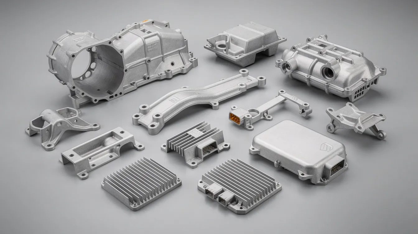 The image showcases a collection of various aluminum die casting automotive and electronic components, highlighting the precision and quality of die casting parts. These components reflect advanced technology and demonstrate the capabilities of die casting manufacturers in the aluminum die casting industry.