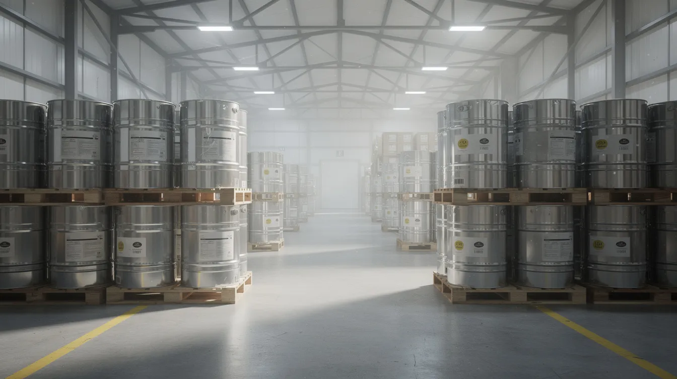 The image shows large metal tins and drums filled with ghee stacked neatly on pallets inside a ghee manufacturing plant warehouse. This setup highlights the ghee production process and the scale of operations in the food processing industry, showcasing the raw materials used in creating high-quality clarified butter.