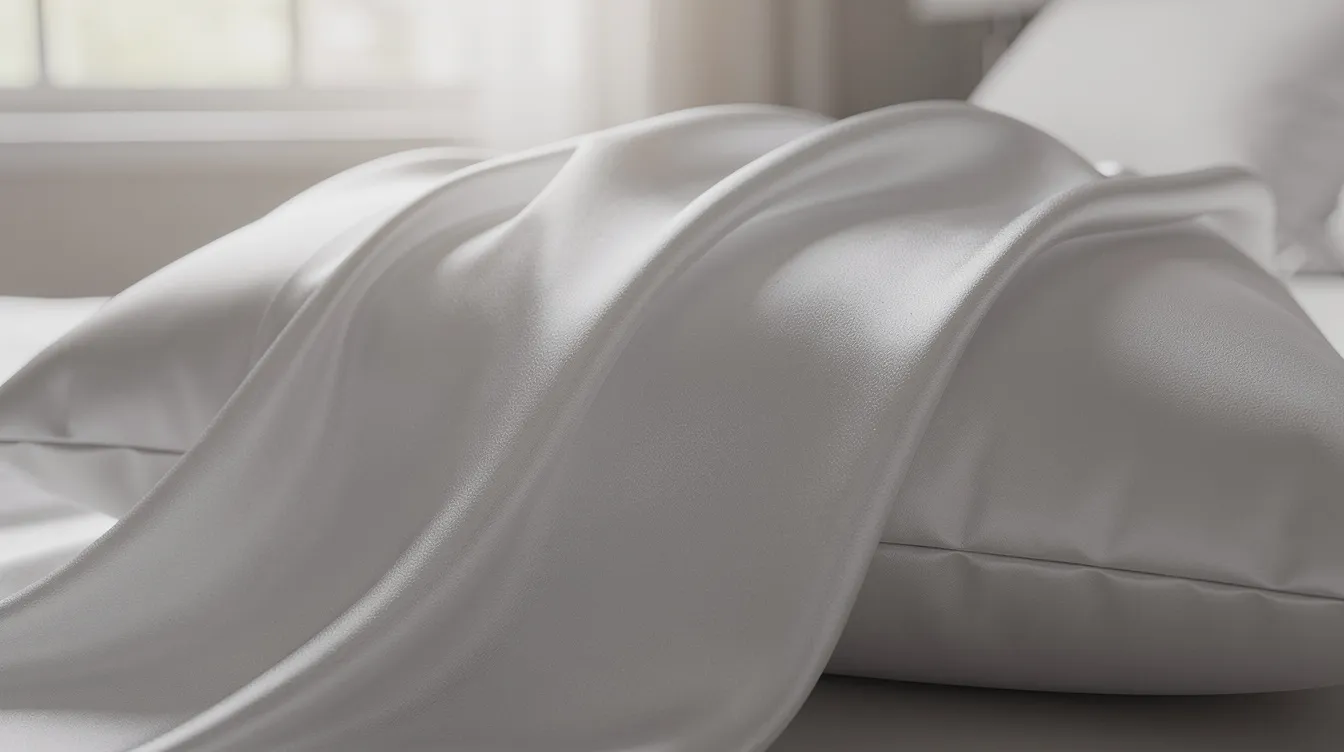 A close-up view of a smooth white silk pillowcase draped elegantly over a bed pillow, illuminated by soft morning light. The luxurious silk fabric, known for its hypoallergenic properties and benefits for delicate facial skin, offers a gentle surface that helps reduce friction, promoting healthier hair and a restful sleep.