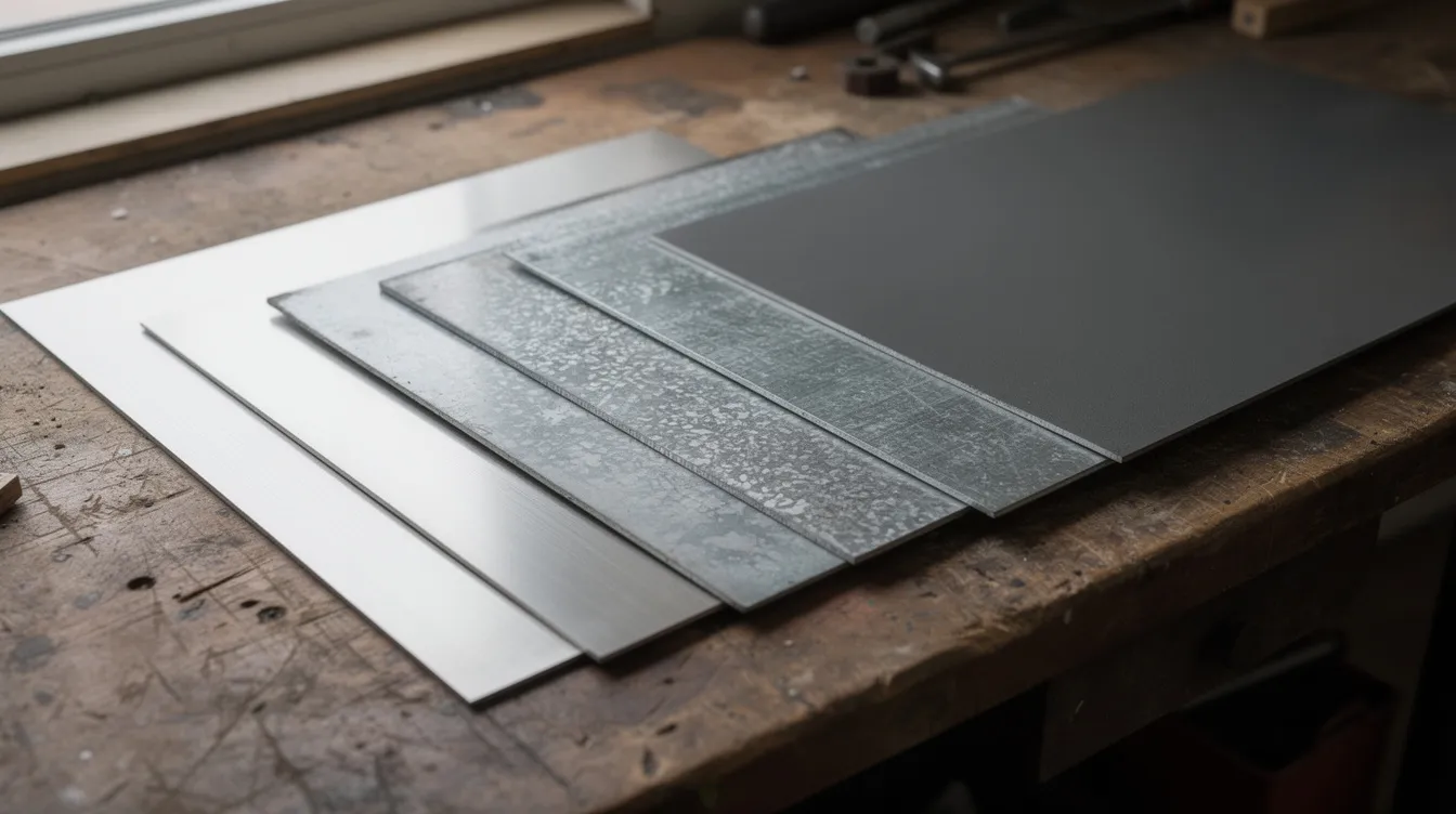 The image displays a variety of sheet metal samples arranged on a workbench, showcasing different finishes such as brushed stainless steel, galvanized steel, and cold-rolled mild steel. Each sample highlights the unique surface textures and material properties, ideal for various bending processes and applications in metalworking.