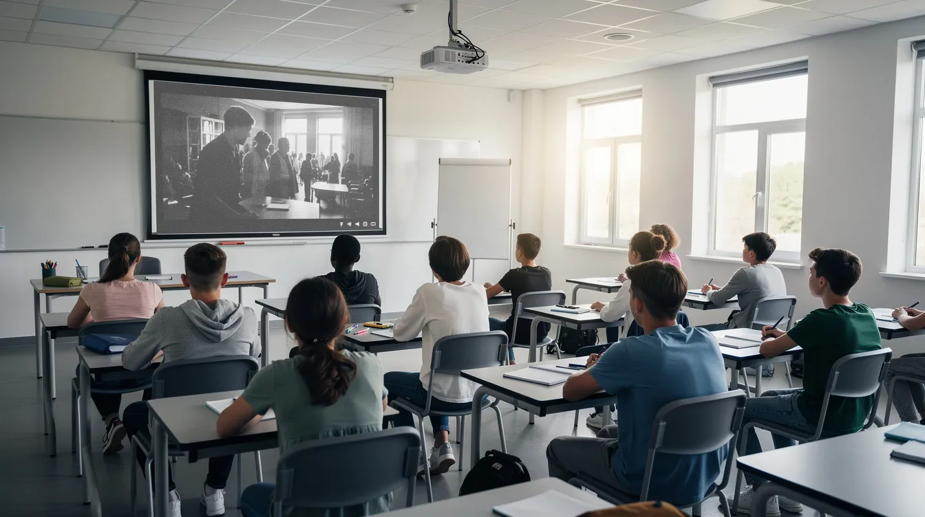 In einem modernen Klassenzimmer sitzen Schüler in Reihen von Stühlen und blicken gebannt auf eine Leinwand, auf der eine Schwarz-Weiß-Filmszene projiziert wird. Der Beamer zeigt eine Szene aus einem Klassiker, möglicherweise aus "It's a Wonderful Life", und die Schüler sind in die Filmanalyse vertieft, während sie die Themen und Figuren der Tragikomödie diskutieren.