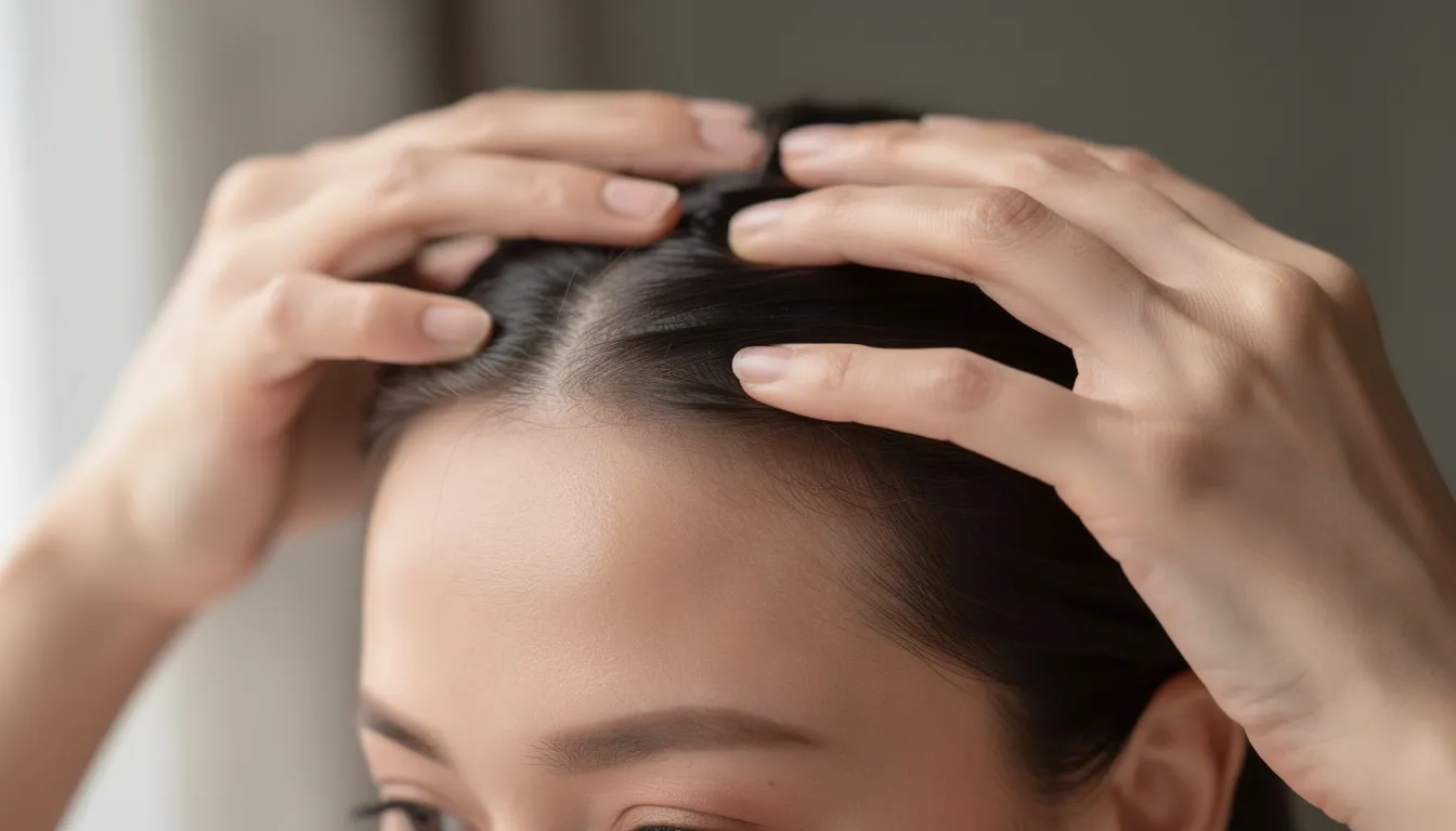 A person is gently massaging their scalp with their fingertips, promoting scalp health and stimulating hair follicles to support healthy hair growth. This action can enhance blood circulation and may help in boosting hair growth and improving hair density.