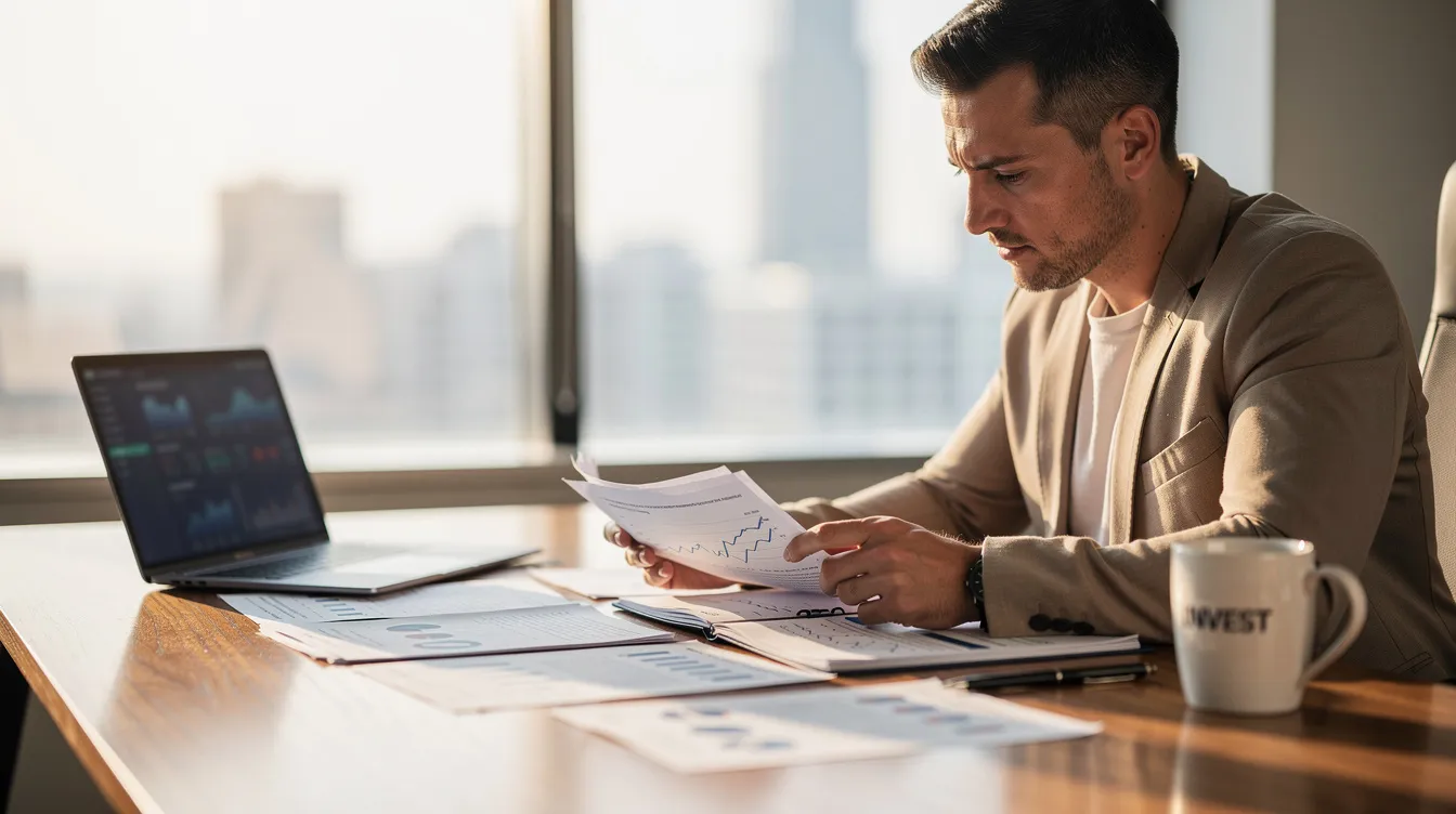 An investor sits at a desk, focused on reviewing paperwork while a laptop and a coffee mug are placed nearby. This scene reflects the meticulous process of evaluating investment properties, where understanding debt service coverage ratios and rental income is crucial for real estate investors.