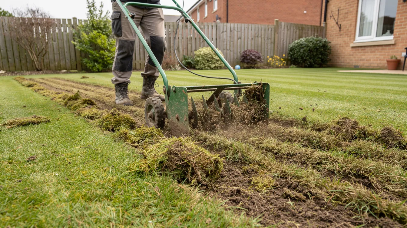 A homeowner is scarifying their existing lawn, removing loose moss and thatch to improve soil structure and prepare for sowing grass seed. The process involves using a garden fork and raking up the debris to create a level surface for optimal growth of new turf.