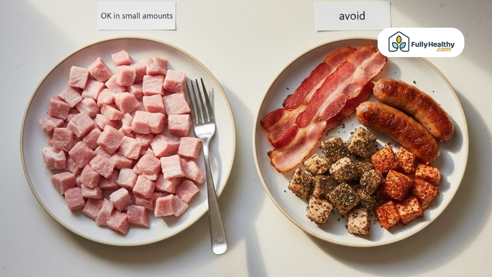 Plate of plain pork cubes beside seasoned and processed meats labeled to avoid