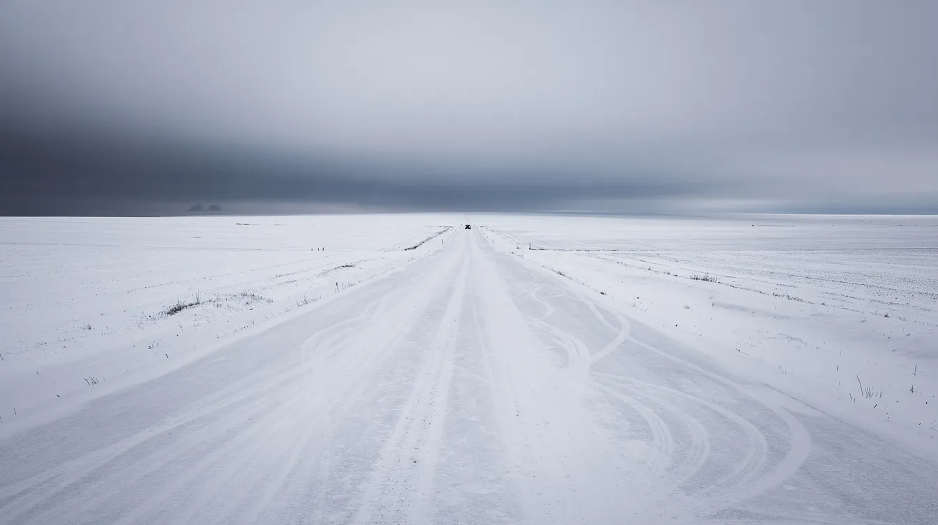 Eine weite, verschneite Straße erstreckt sich durch eine einsame Winterlandschaft, in der ein einzelnes Auto in der Ferne zu sehen ist. Umgeben von endlosen Schneefeldern unter einem grauen Himmel vermittelt die Szene eine ruhige und kühle Atmosphäre, die an die düstere Stimmung von "Fargo" erinnert.