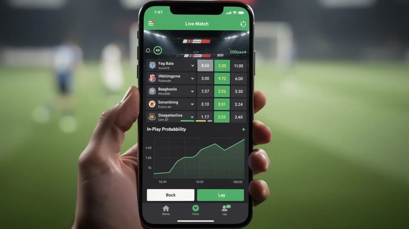 A smartphone screen shows live sports betting odds for a football match, with a vibrant green pitch visible in the background. This image highlights the world of online betting, featuring competitive odds and options available on various non gamstop betting sites.