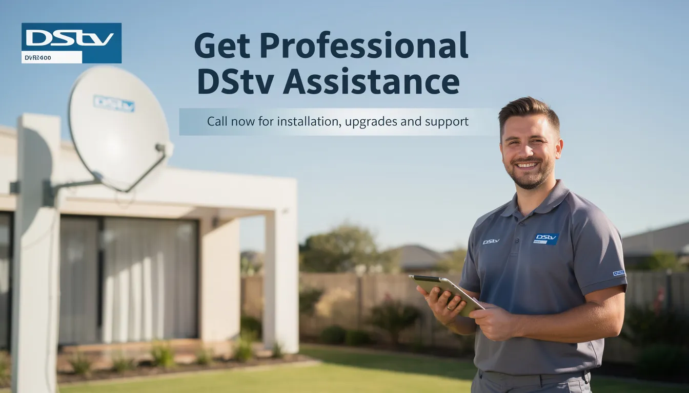 The image depicts a professional DStv technician providing installation services, showcasing a satellite dish and decoder equipment. The technician is engaged in setting up the system for a satisfied customer, highlighting the reliable and efficient DStv repairs and installations available in the area.