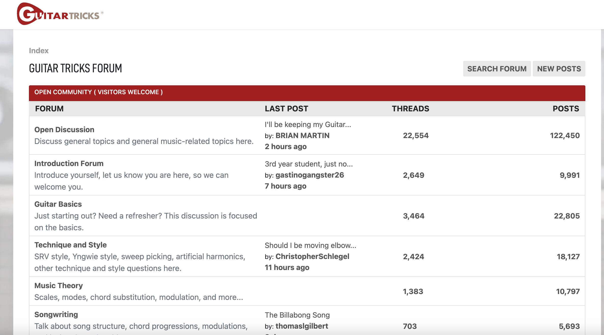 A screenshot from the Guitar Tricks forum.